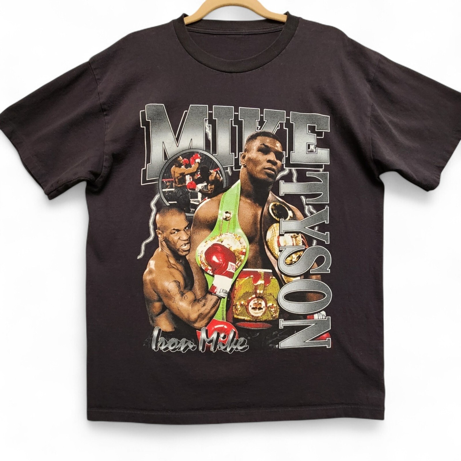 Iron Mike Tyson Championship Belts Graphic Shirt Mens Large Slim Fit Black Tee