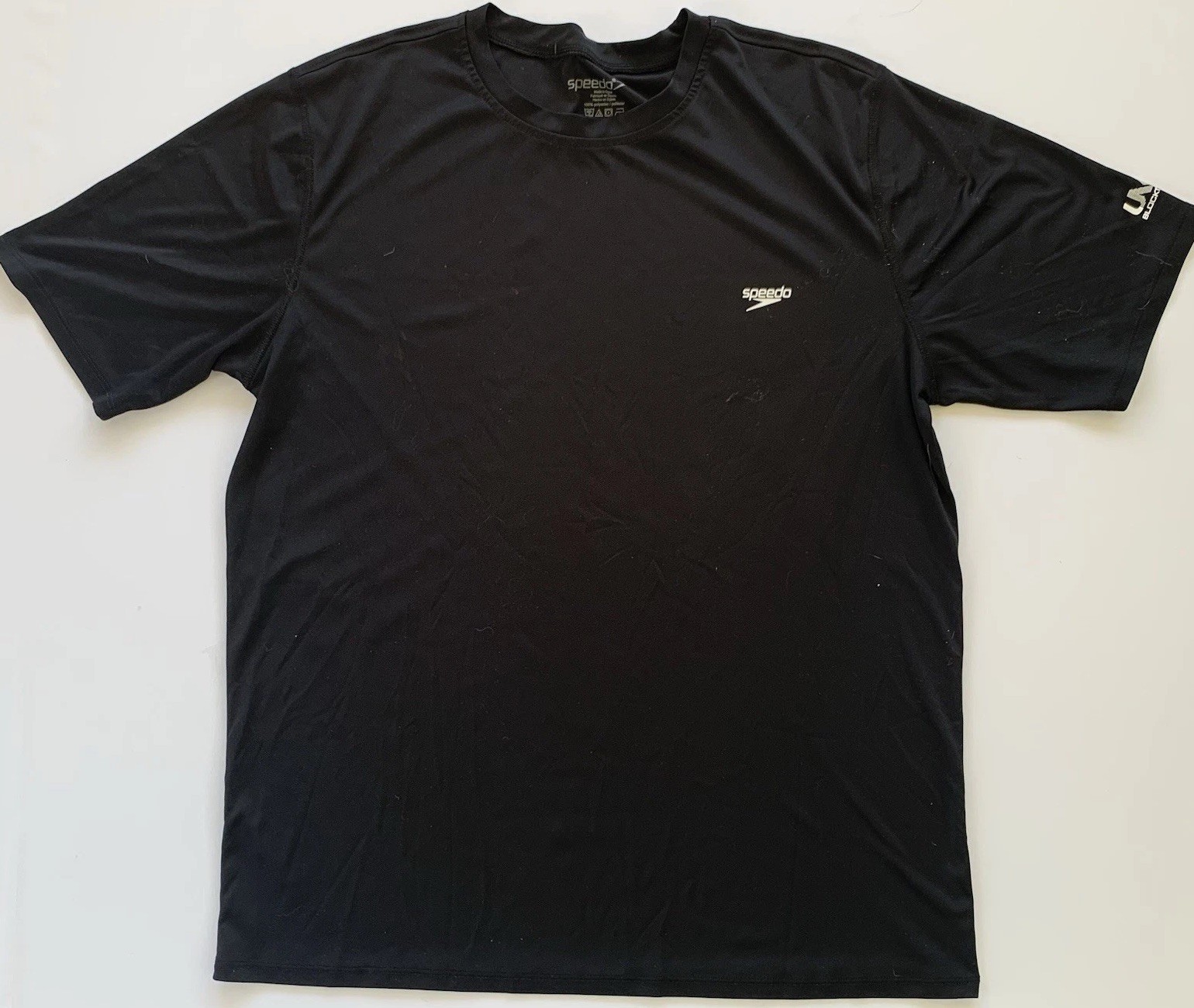 Speedo Men’s Rash Guard Shirt L Large UV50 Black Swimming Stretch Short Sleeve