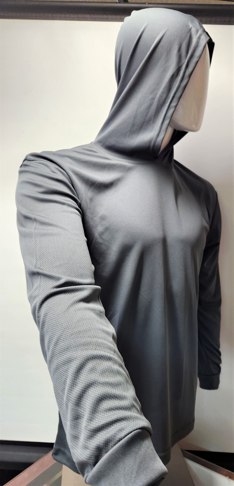 Gray Long Sleeve Shirt With Hoodie, Polyester birdeye mesh fabric