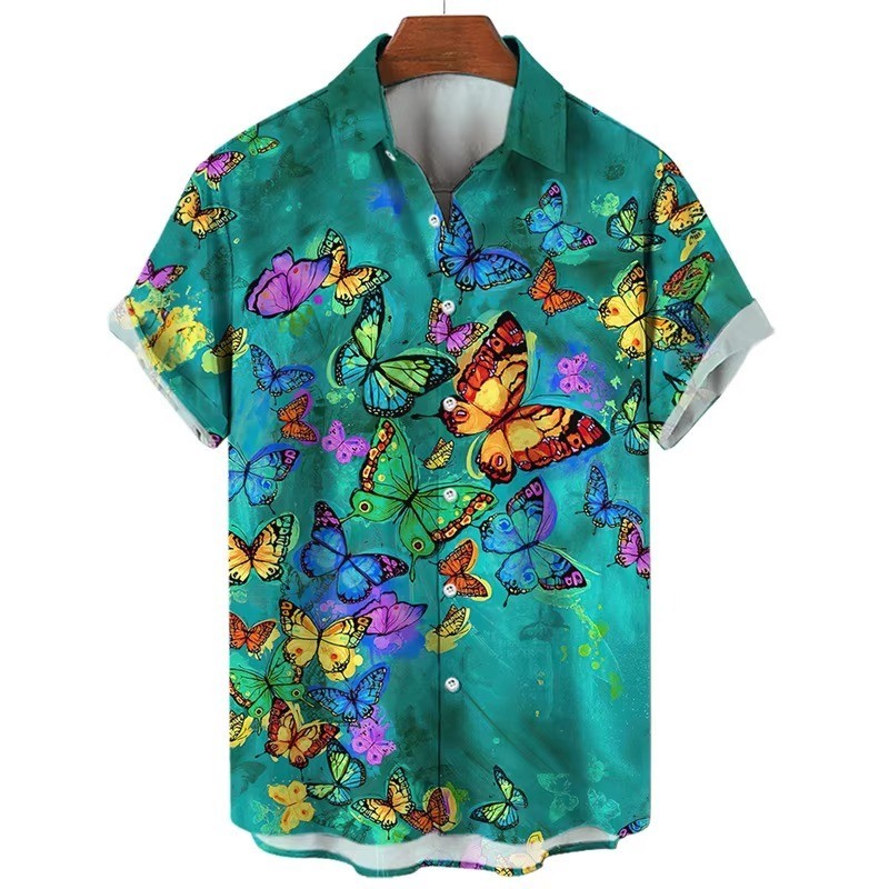 Mens Button Down Abstract Butterfly Colorful Hawaiian Top Novelty Summer Shirt