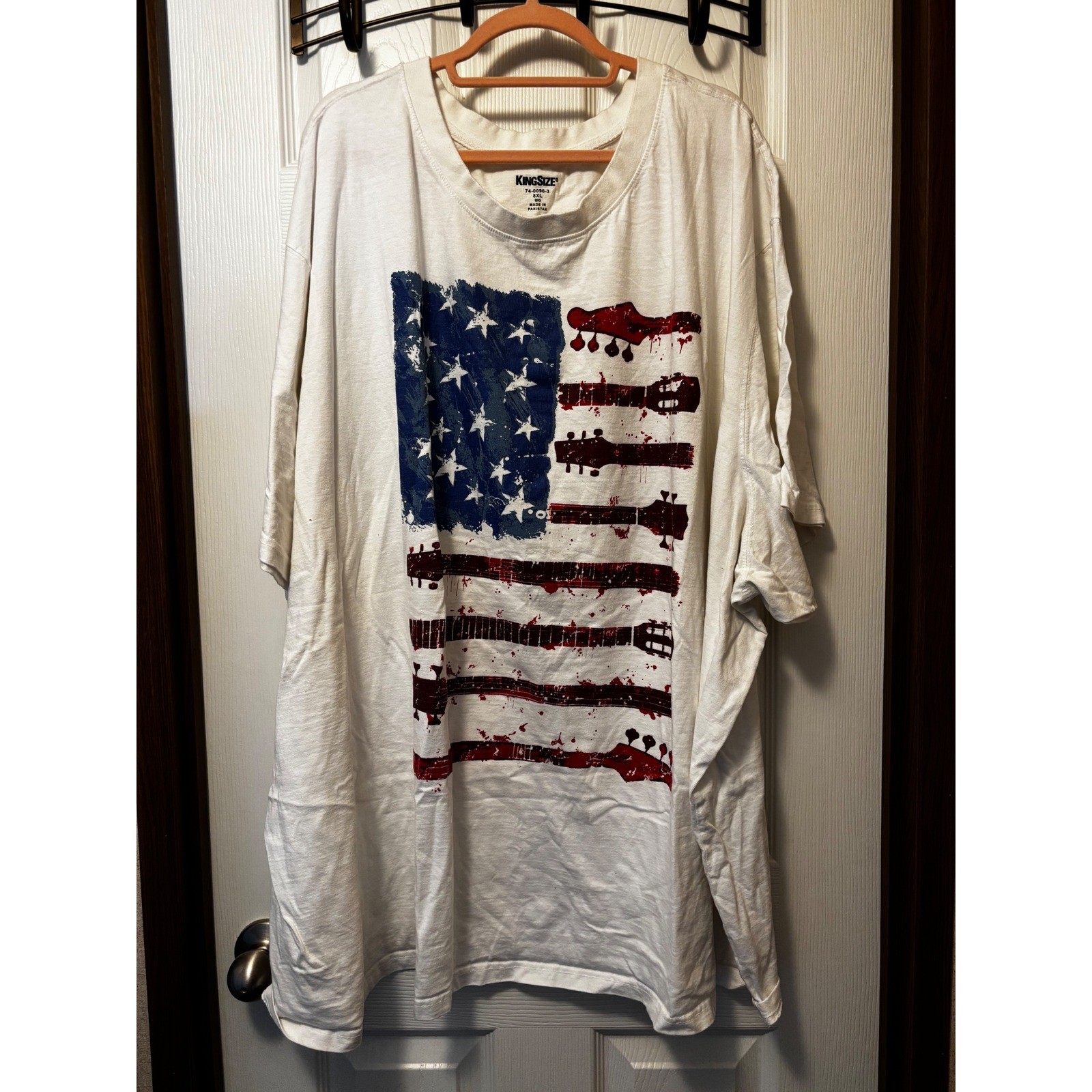 KingSize Mens 8XL White Guitar American Flag Graphic T-Shirt Big and Tall Cotton