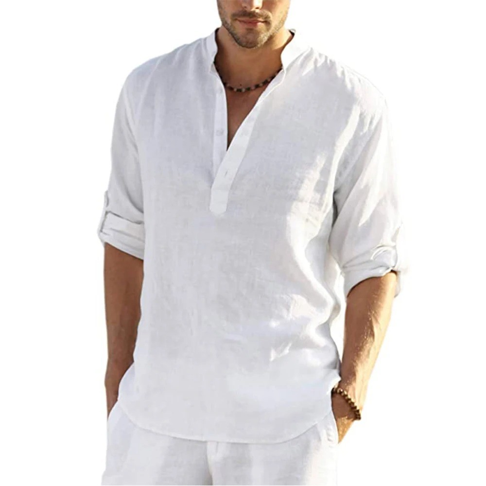 Men’s Long Sleeve Cotton Linen Henley Shirt Casual Beach Summer Tee Top