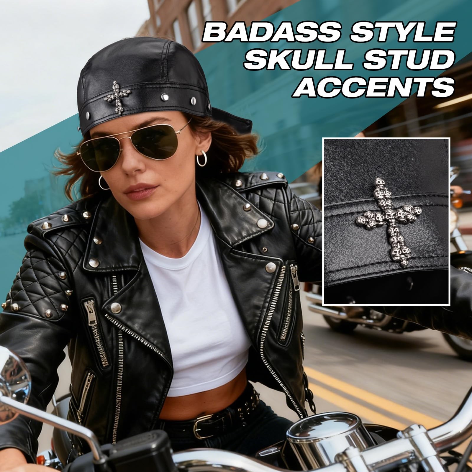 PU Leather Biker Cap with Metal Cross, Classic Fashion Leather Biker Hat Unis…