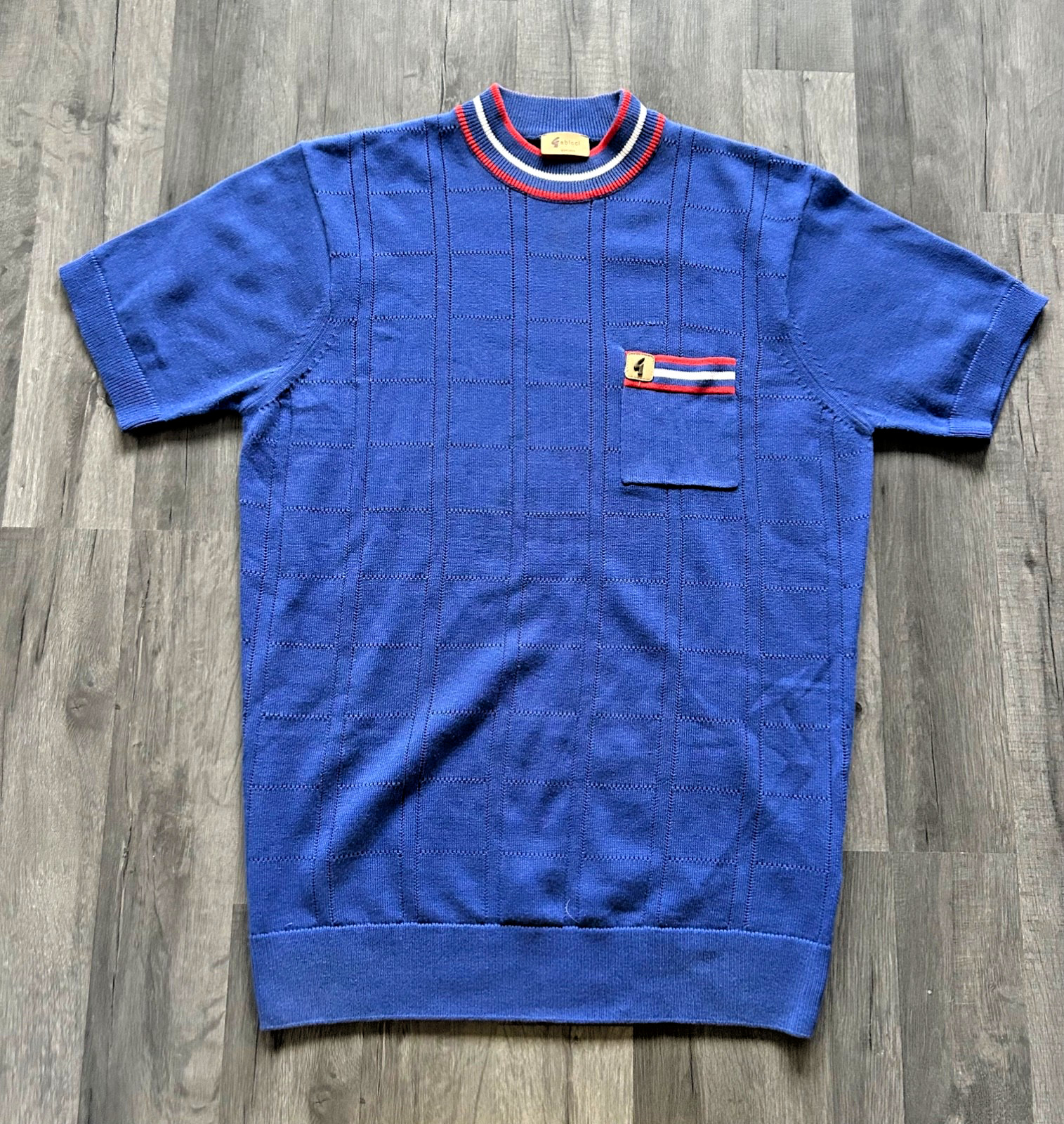Gabicci Knit T Shirt Medium Blue Ringer High Round Neck Short Sleeve Pocket Tee