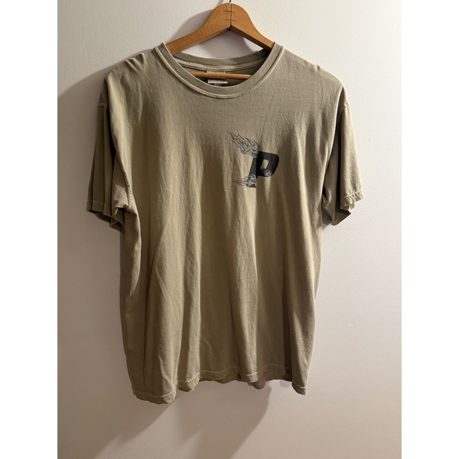 Comfort Colors Mens Graphic T-Shirt Khaki Tan Flame P Logo Short Sleeve Tee L