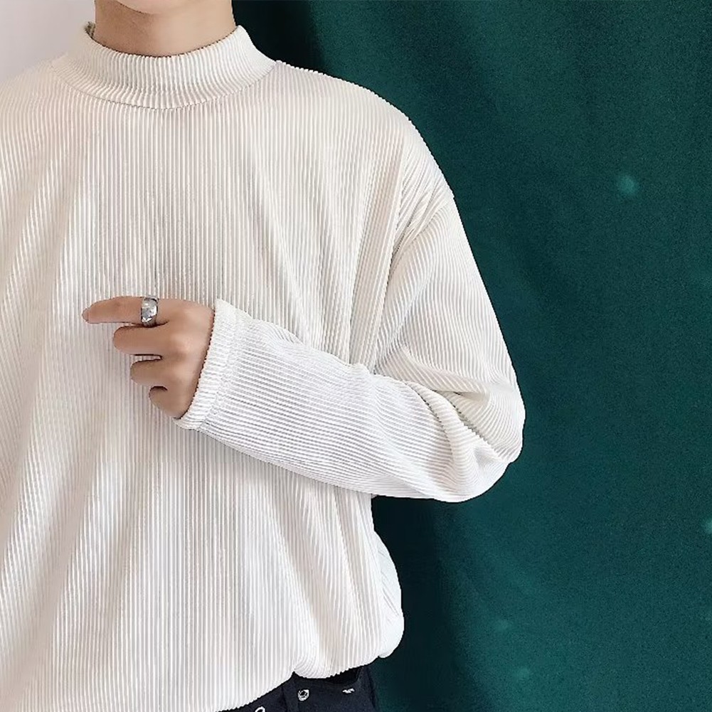 Mens Casual Pleated Drape Half Turtleneck T Shirt for Daily Wear and Commuting