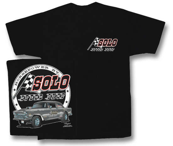 Solo Speed Shop 55 Chevy Gasser Mens Black T shirt Drag Racing Hot Rods