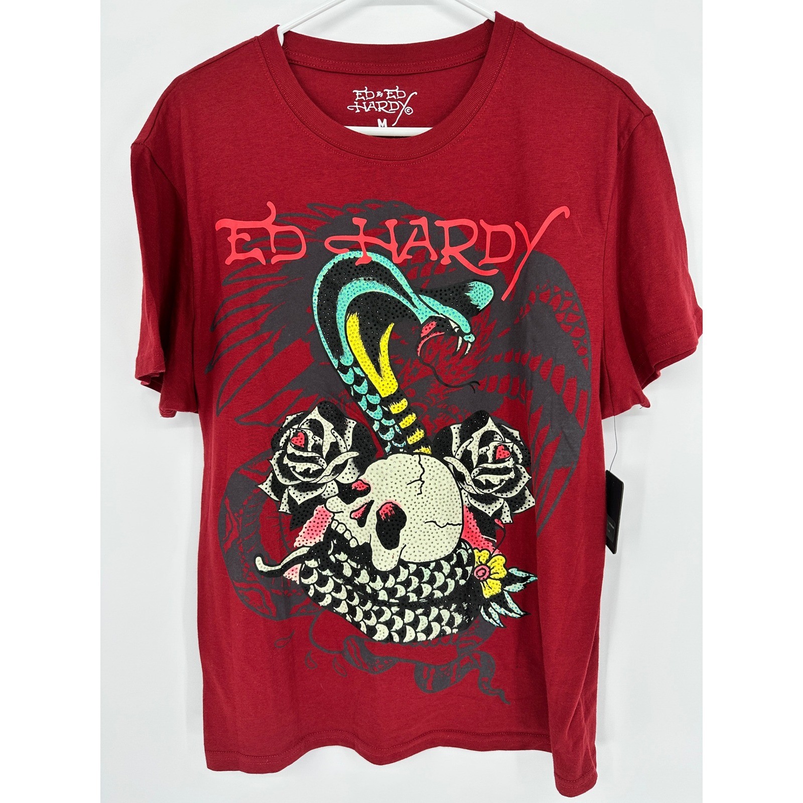 Ed Hardy Mens Skull Cobra Rose Rhinestone Graphic T-Shirt Wine Red M