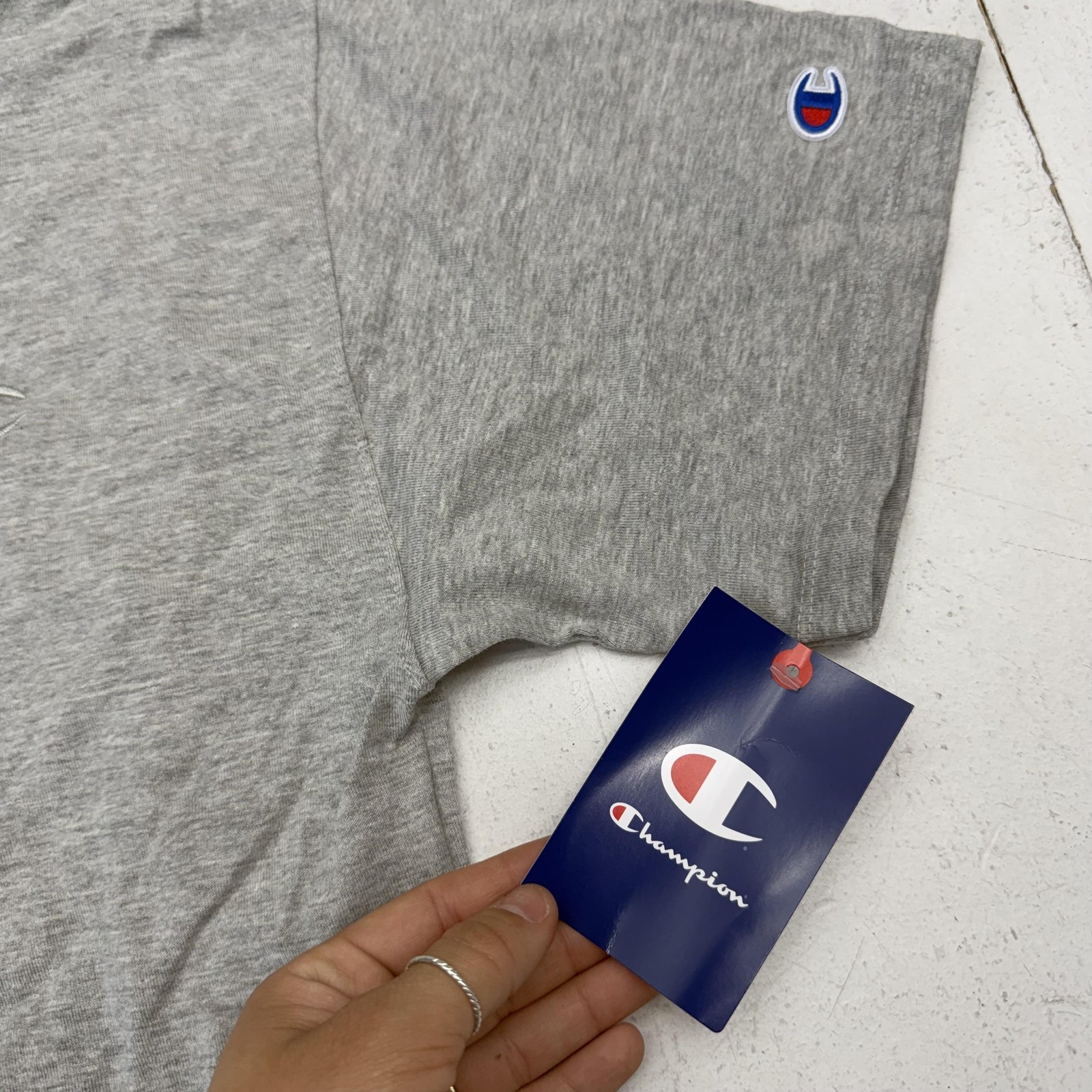 Champion Shirt Mens Medium Gray Solid Logo Tee Tagless Cotton Blend Jersey