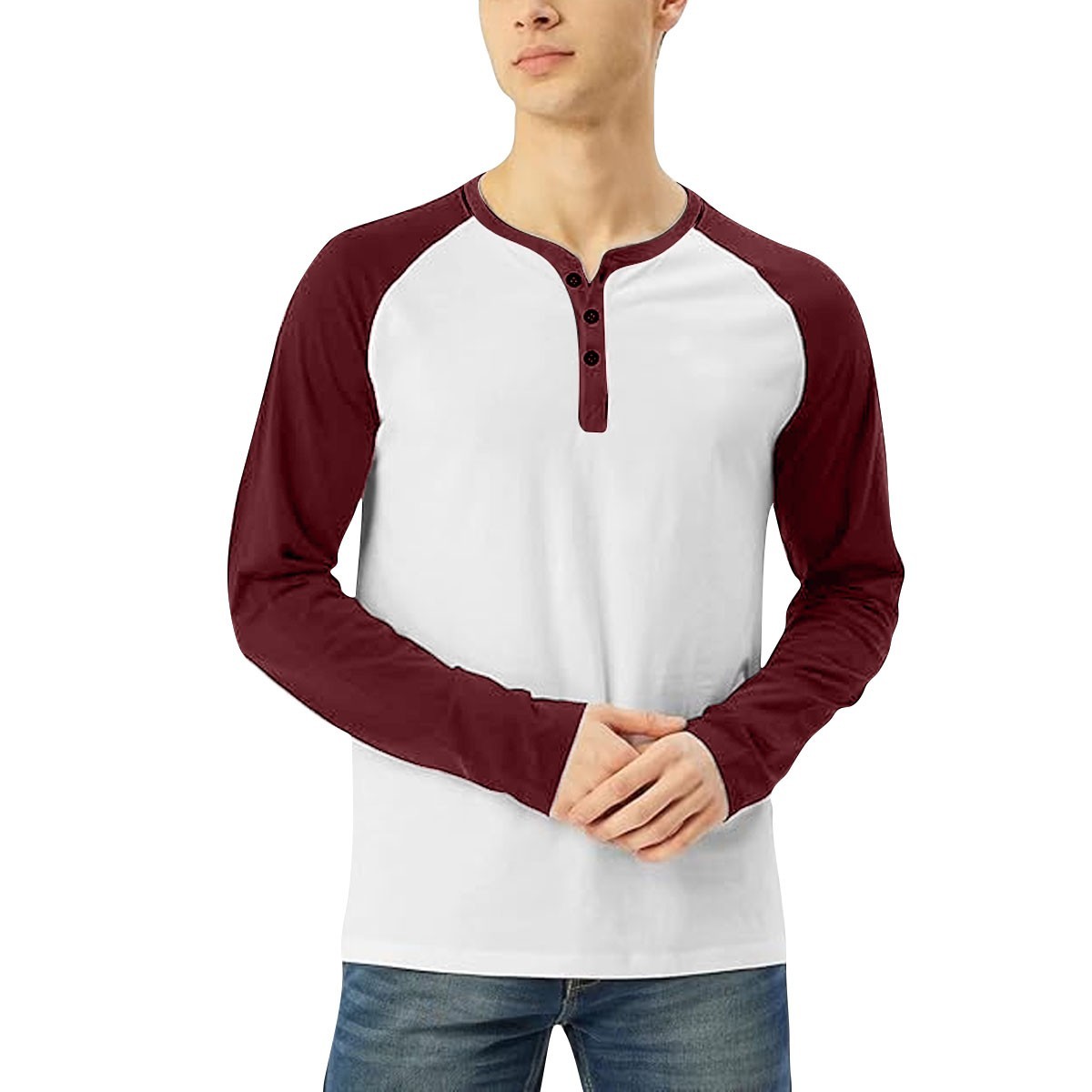 Mens Casual Long Sleeve T-shirt Henley Grandad V Neck Button Solid Tee Shirt Top