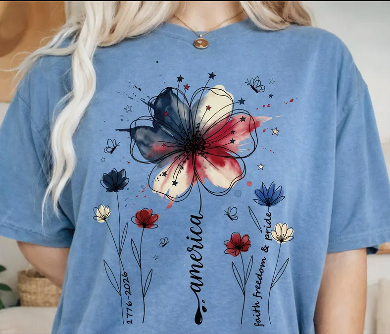 USA 250th Anniversary Comfort Colors Floral Tee, 1776-2026 Patriotic Shirt