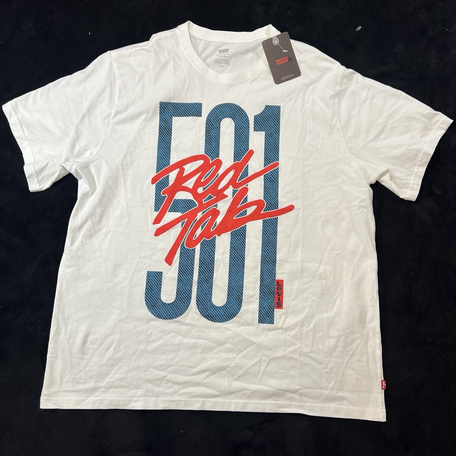 Levi’s 501 Best Pair Denim Graphic T-Shirt White Crew Neck Relaxed Fit Size L