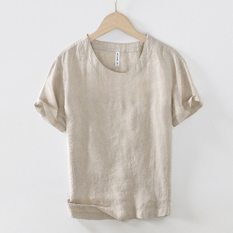 Men 100% Linen V Neck T-shirt Retro Summer Short Sleeves Tops Casual Undershirt