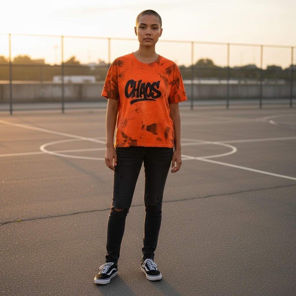 Custom Orange CHAOS Graphic Tee Handmade Spray Effect Shirt Streetwear