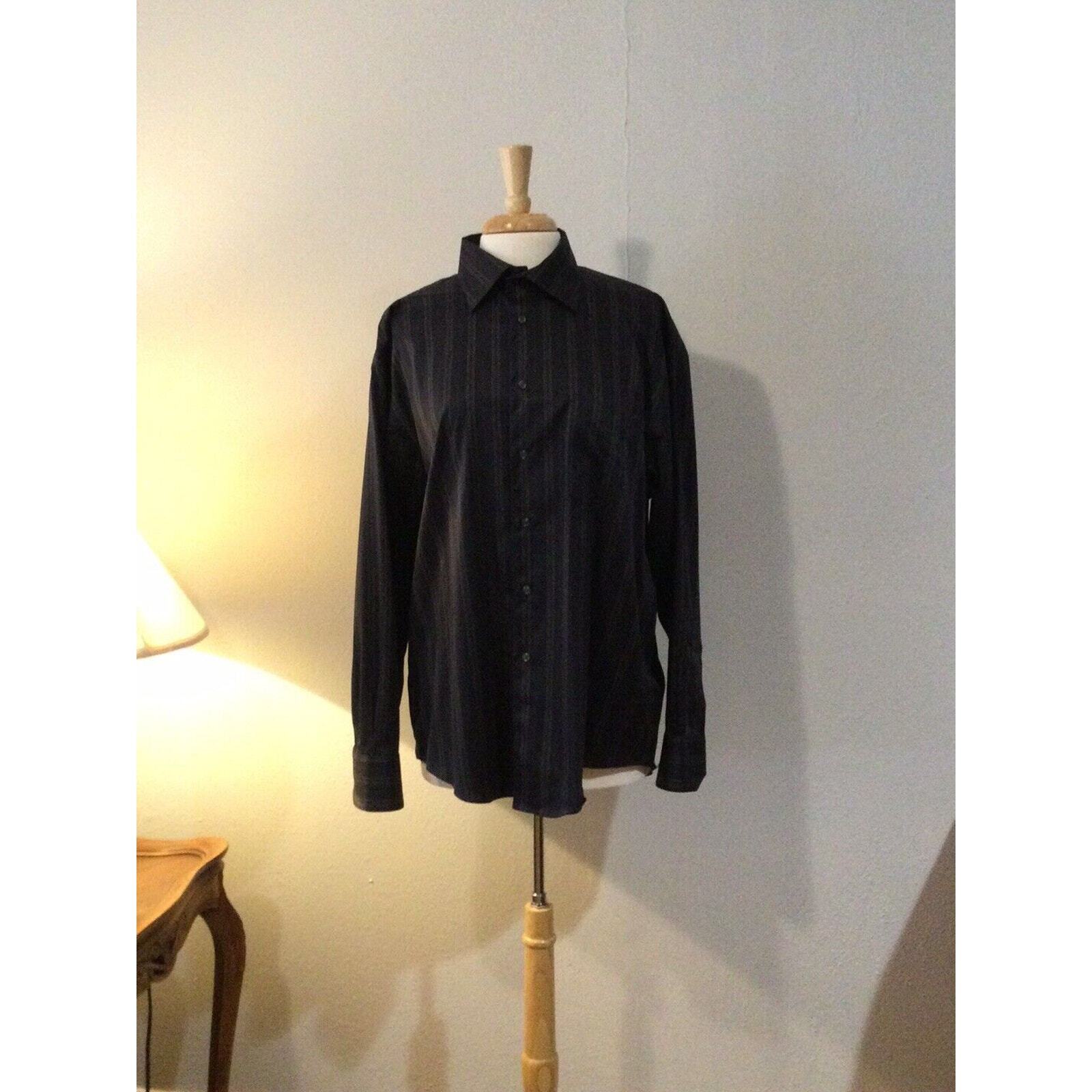 Pronto-Uomo Non Iron Blk Stripe L/S w/Pocket Button Down Dress Shirt Size Large
