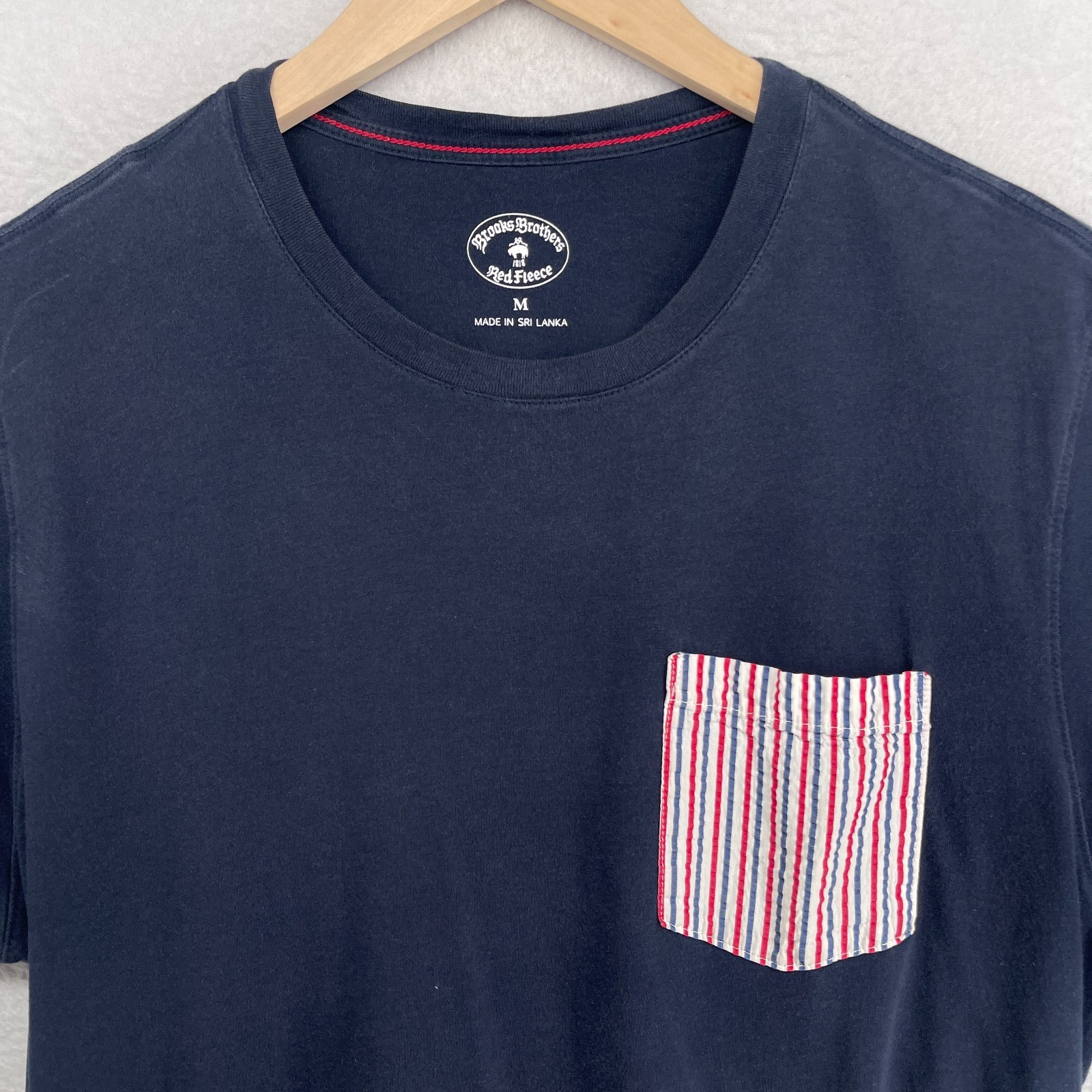 BROOKS BROTHERS Shirt Mens M RED FLEECE Contrast Striped Pocket Tee Cotton Blue