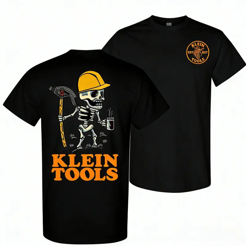 Klein Tools 2 side T-Shirt – Skeleton Wearing Hard Hat Holding Coffee and Hammer