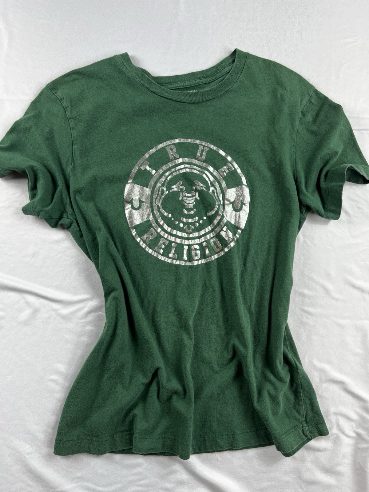 True Religion Foil Silver Green Buddha Crew Neck T-Shirt Y2K 2000 Size Medium