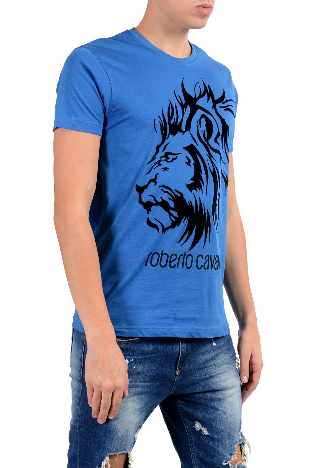 Roberto Cavalli Men’s Blue Embellished Lion Crewneck T-Shirt US 2XL IT 56