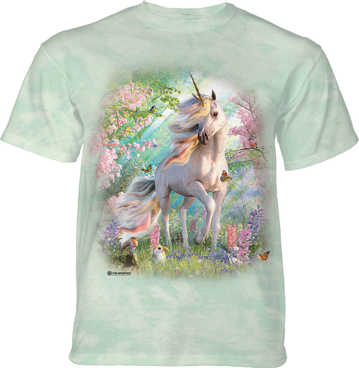 Enchanted Unicorn Blue Horn Rainbow Horse Birds Butterfly T-Shirt Mountain S-3X