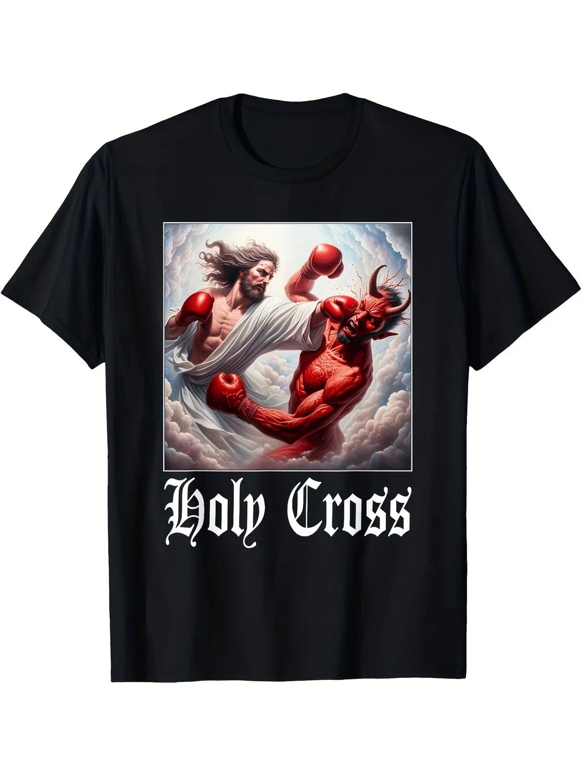 Satan Boxing Match Defeated Holy Cross Vintage T-Shirt Mens Cotton Graphic Tee