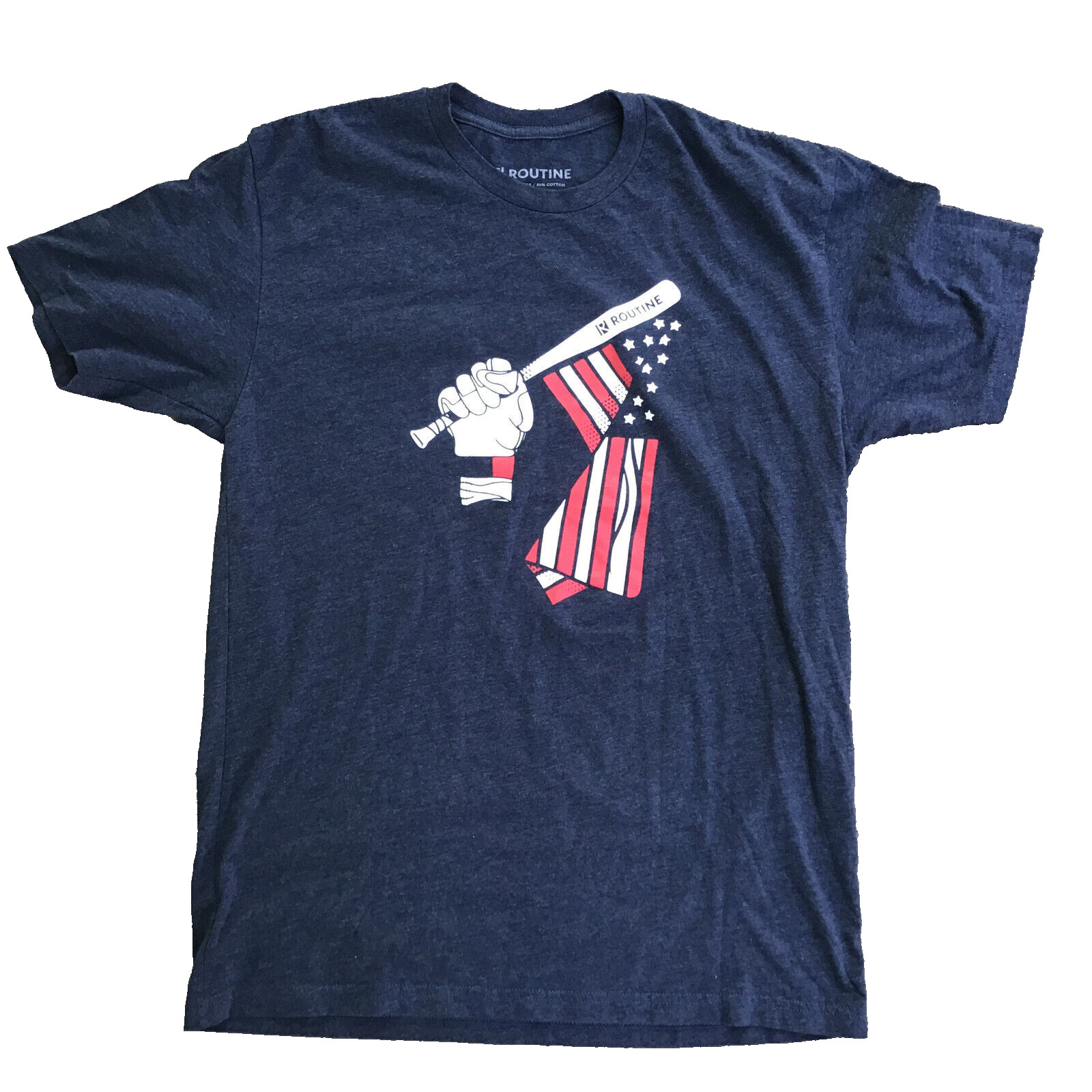 Routine Men Large Short Sleeve Shirt Blue Baseball Bat American Flag