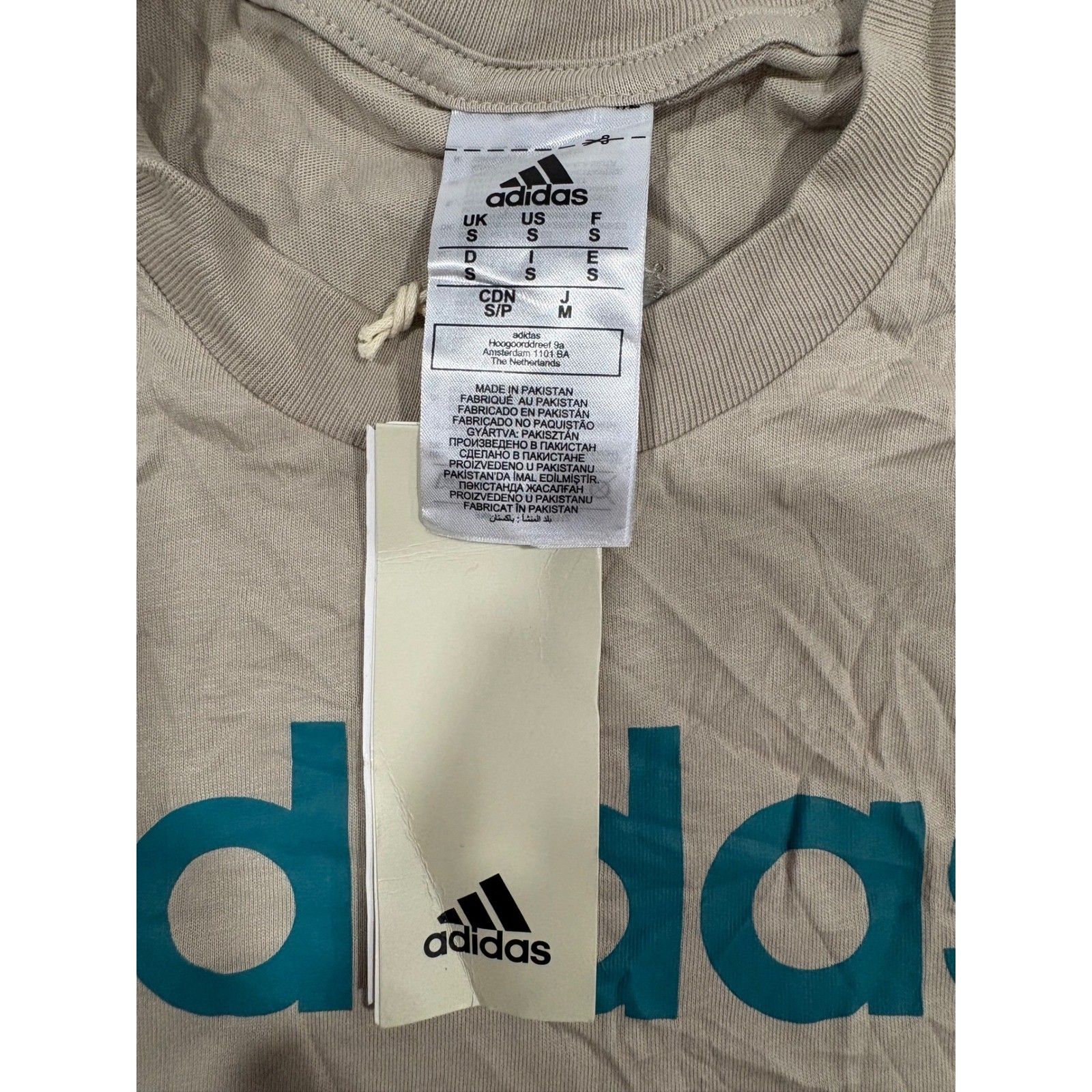 Adidas Mens Essentials Linear Logo T-Shirt Wonder Beige Teal IJ8652 Size S NEW