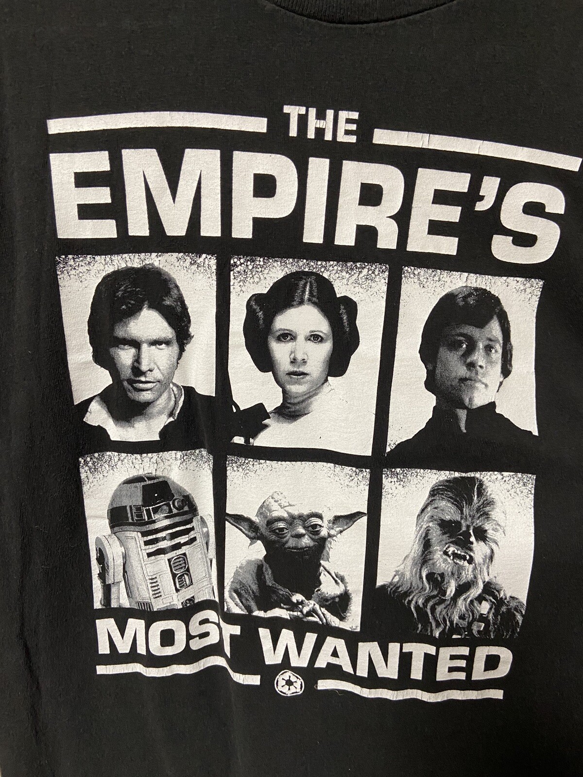 STAR WARS The Empires Most Wanted T-shirt Luke Leia Chewy Han R2 Yoda Sz L