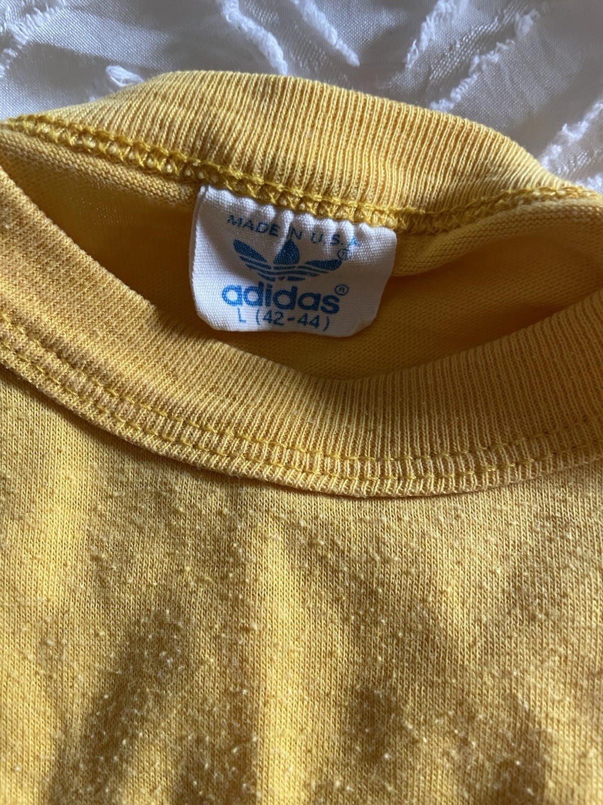 Vintage 80s ADIDAS Trefoil Logo Double Sided T Shirt 50/50 Mustard Yellow L/XL