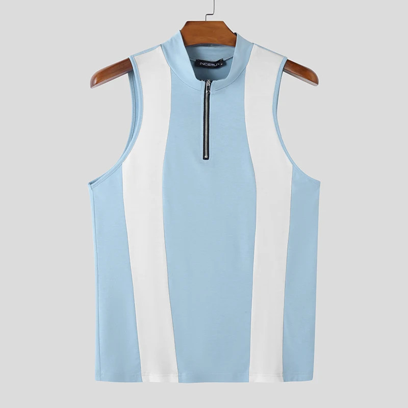 Tops 2025 American Style Fashion Men’S Spliced Contrast Zipper Design Vests Summ