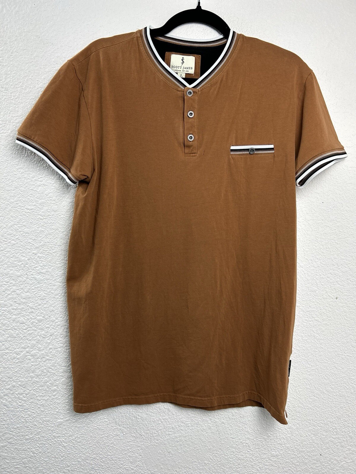 Scott James TShirt Tee Mens L Short Sleeve Logo Brown Black White Stretch Edgy