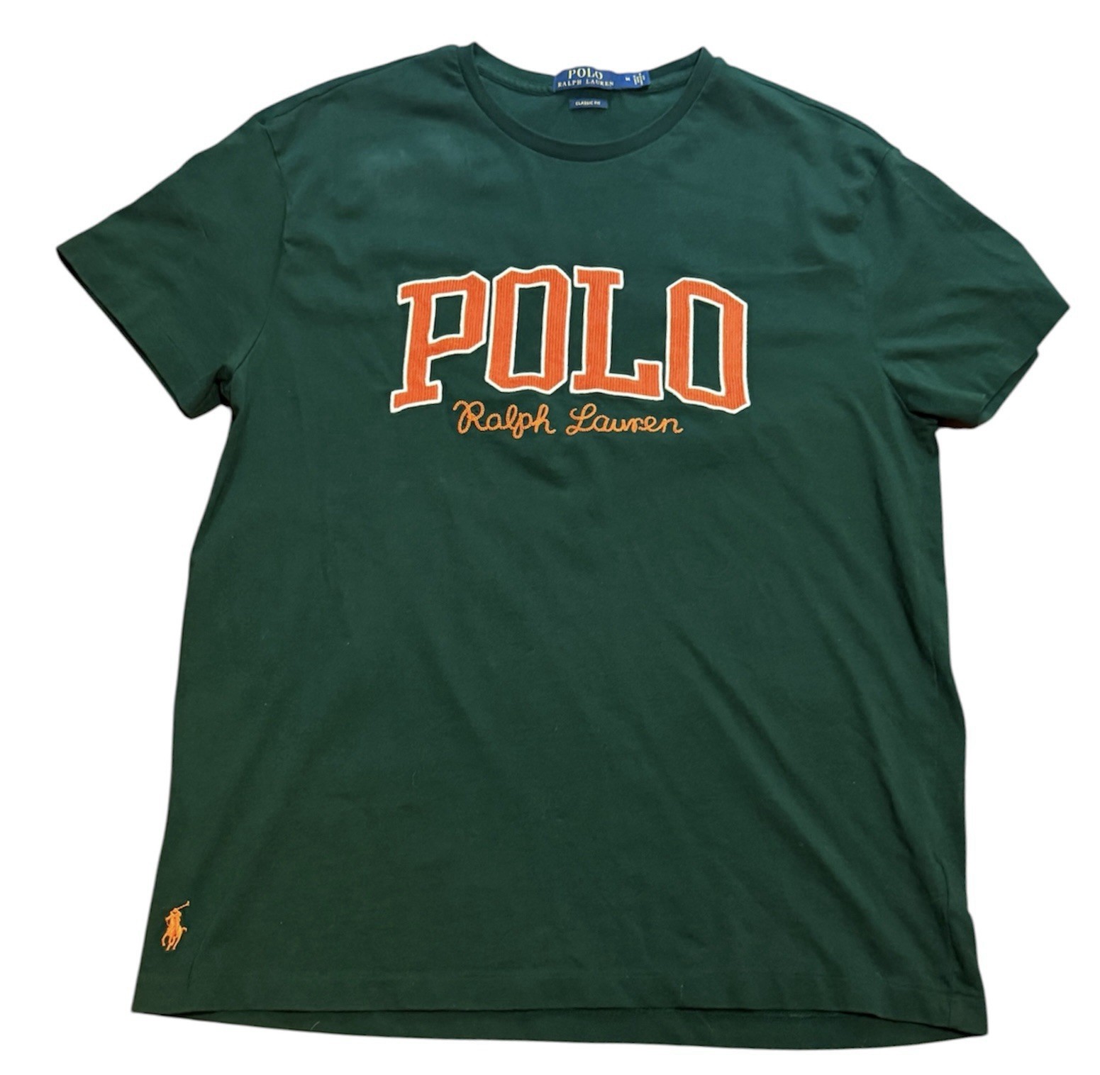 Polo Ralph Lauren Chenille Big Logo Spell Out T Shirt Green Classic Fit Mens M