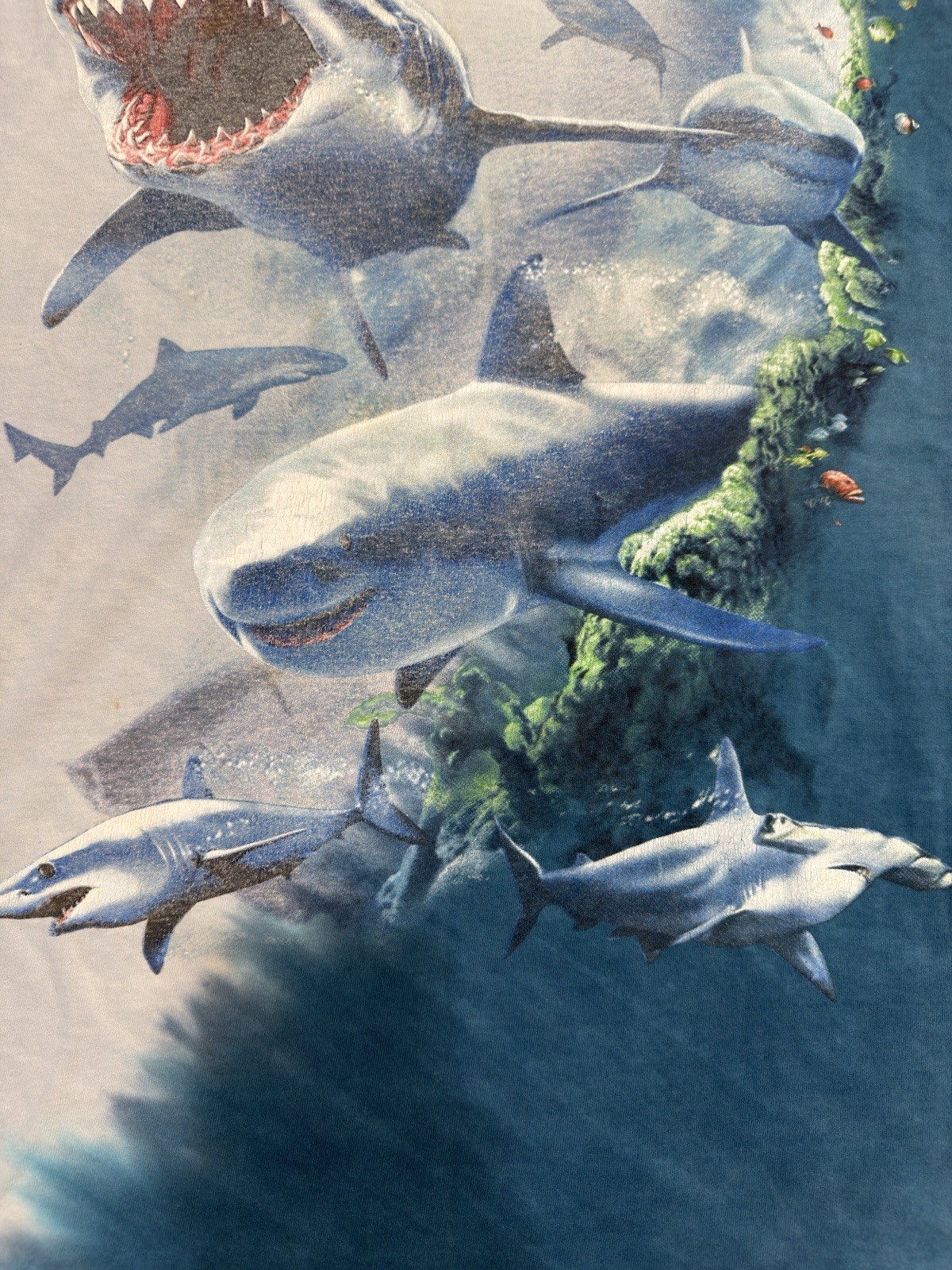 Vintage Y2K 2000 Padre Texas Sharks Aquatic Sea Turtle Blue Tie Dye Shirt XL AOP