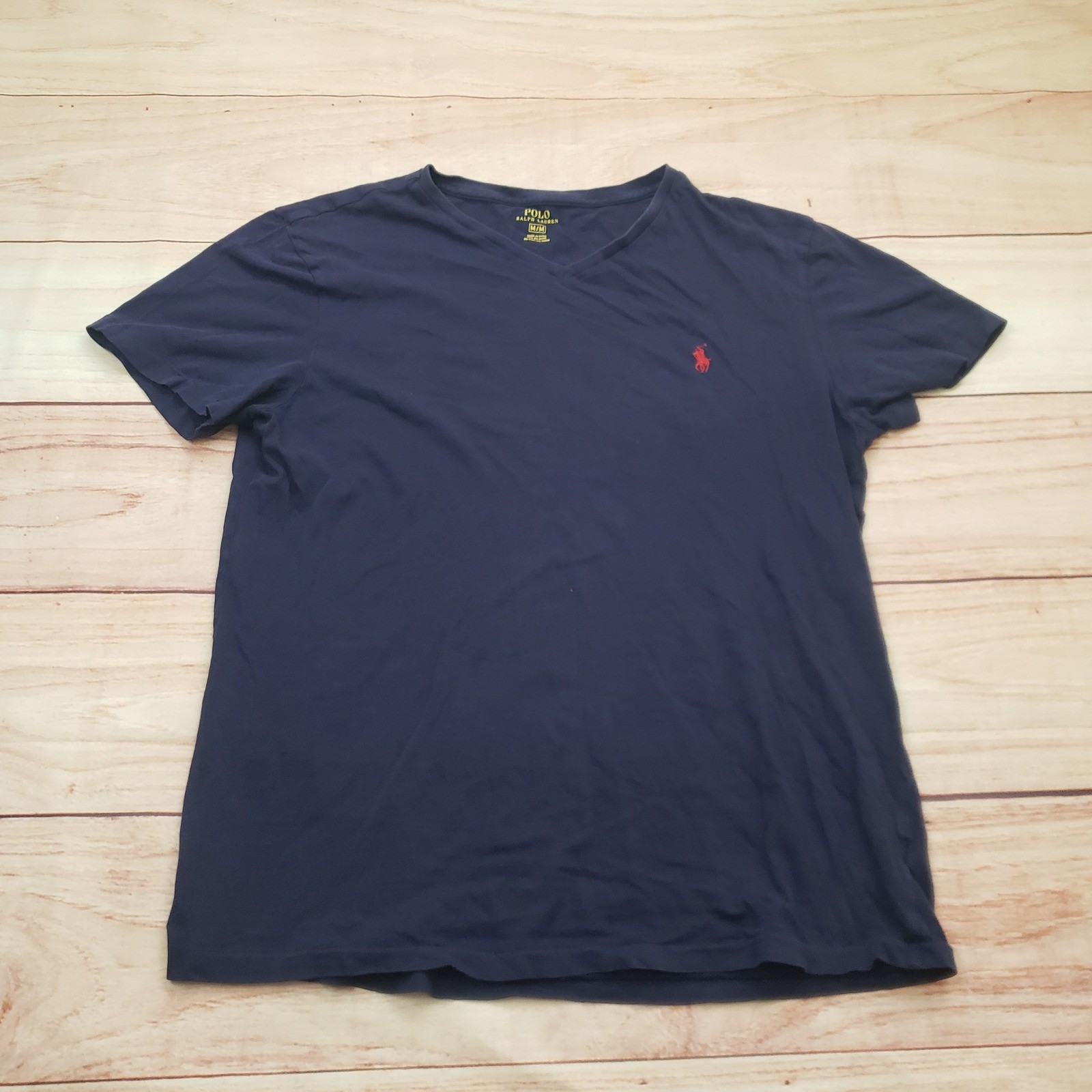 Polo Ralph Lauren Shirt Mens Medium Navy Blue Red Pony Logo V-Neck Preppy Adult