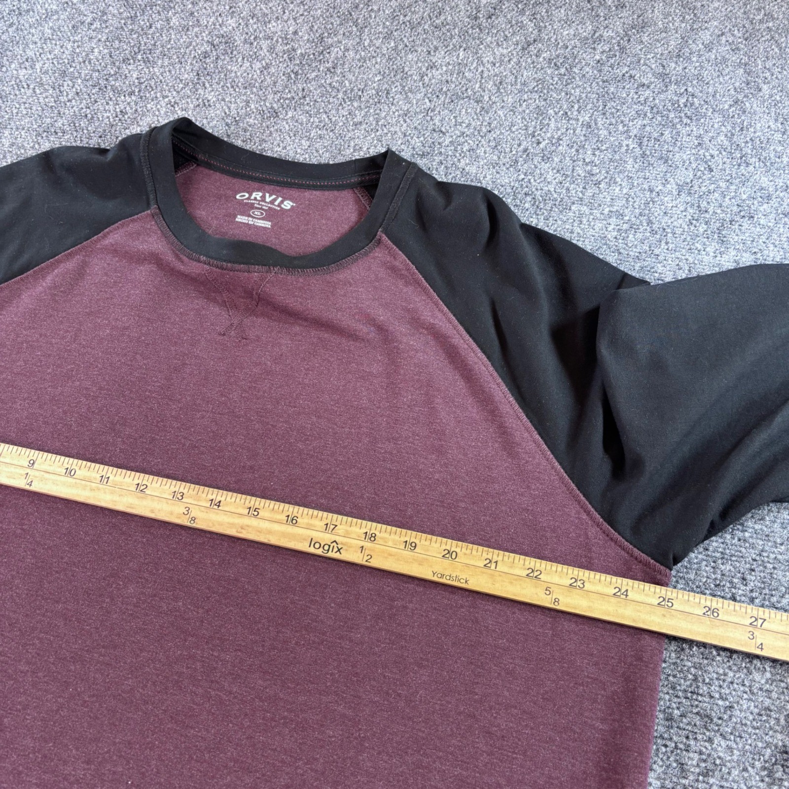 Orvis Raglan Long Sleeve Shirt Mens XL Maroon Black Colorblock Stretch Casual