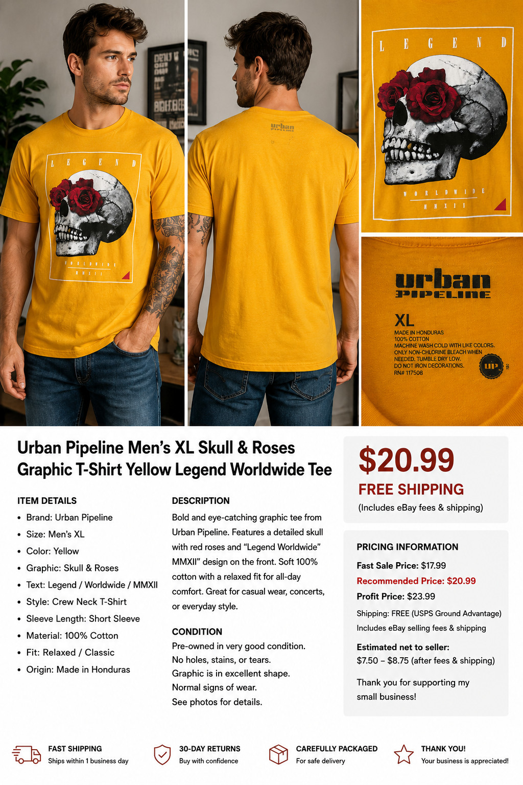 Urban Pipeline XL Skull Roses Graphic T Shirt Yellow Legend Worldwide Cotton Tee