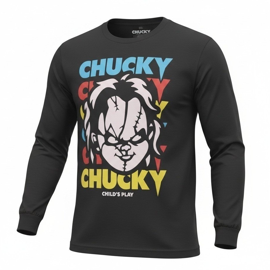 Chucky Childs Play Horror Movie Graphic Long Sleeve Shirt Mens Large Black Tee