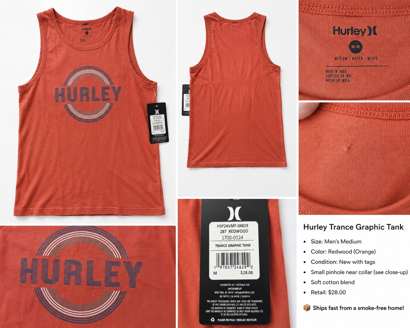 Hurley Trance Graphic Tank Men’s M Orange Cotton Jersey Logo Crew Neck