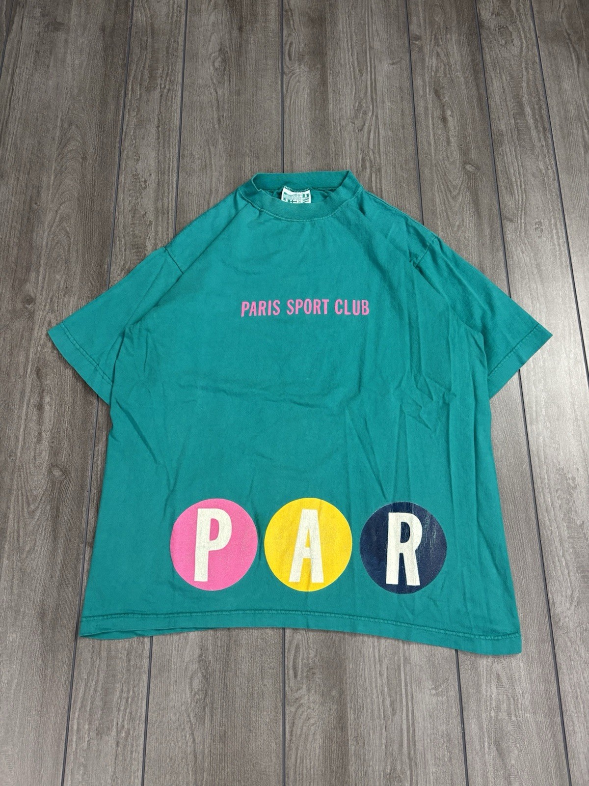 Men’s vintage Paris Sport Club teal tee with nice double graphic,L