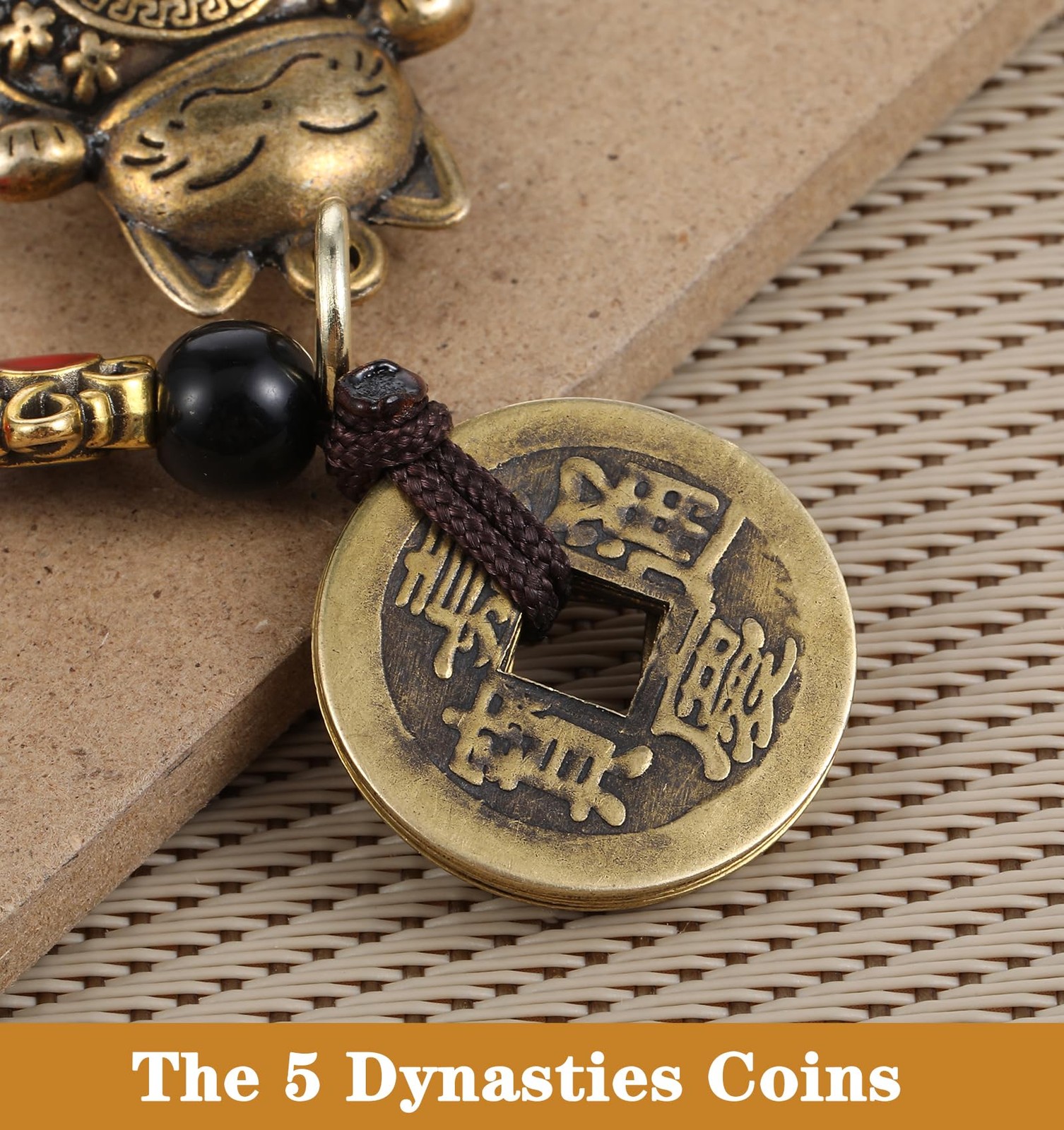 Lucky Cat Keychain, with Five Emperors Money Feng Shui Coins, Maneki Neko Good L