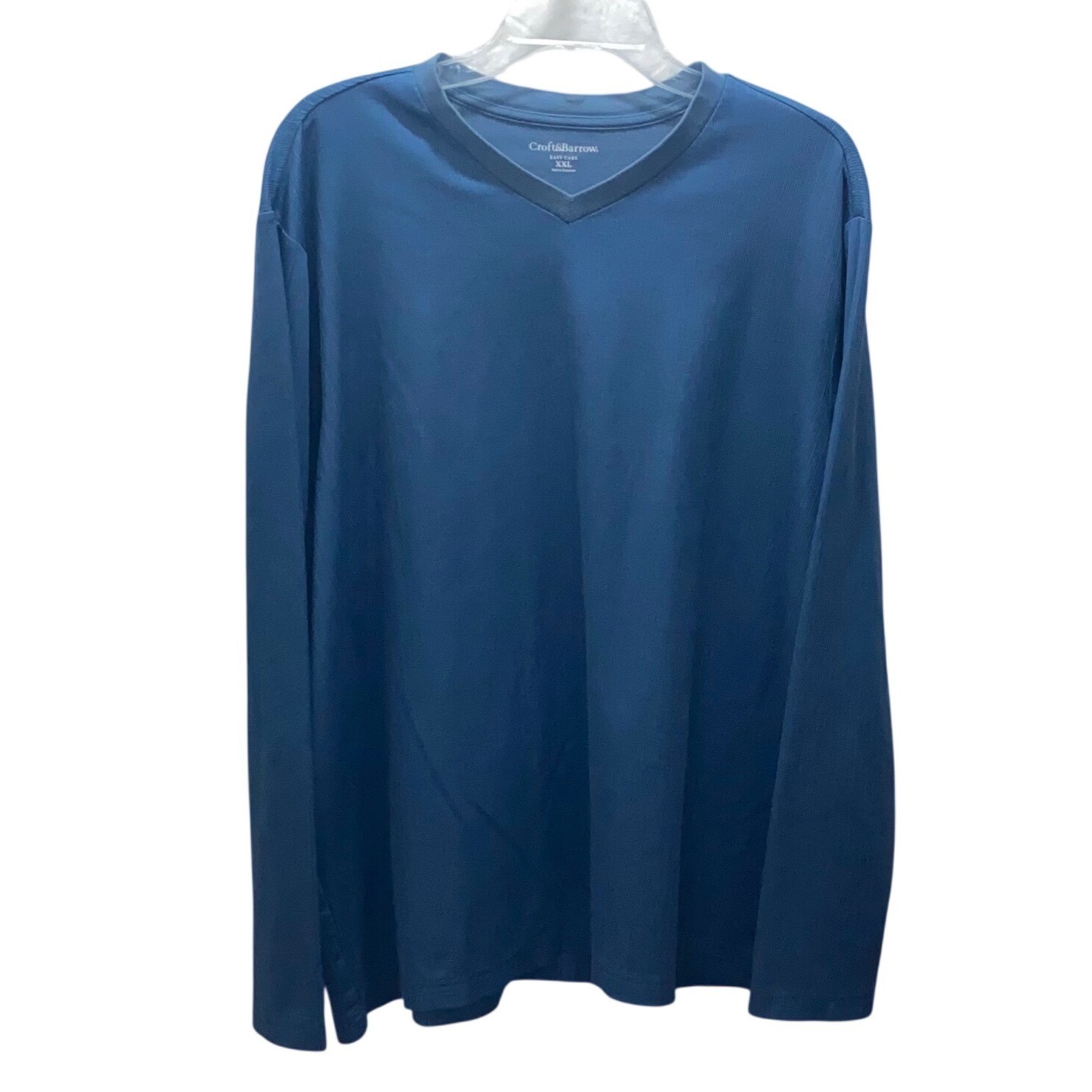 Croft & Barrow Mens XXL Blue Ribbed V-Neck Long Sleeve Easy Care T-Shirt