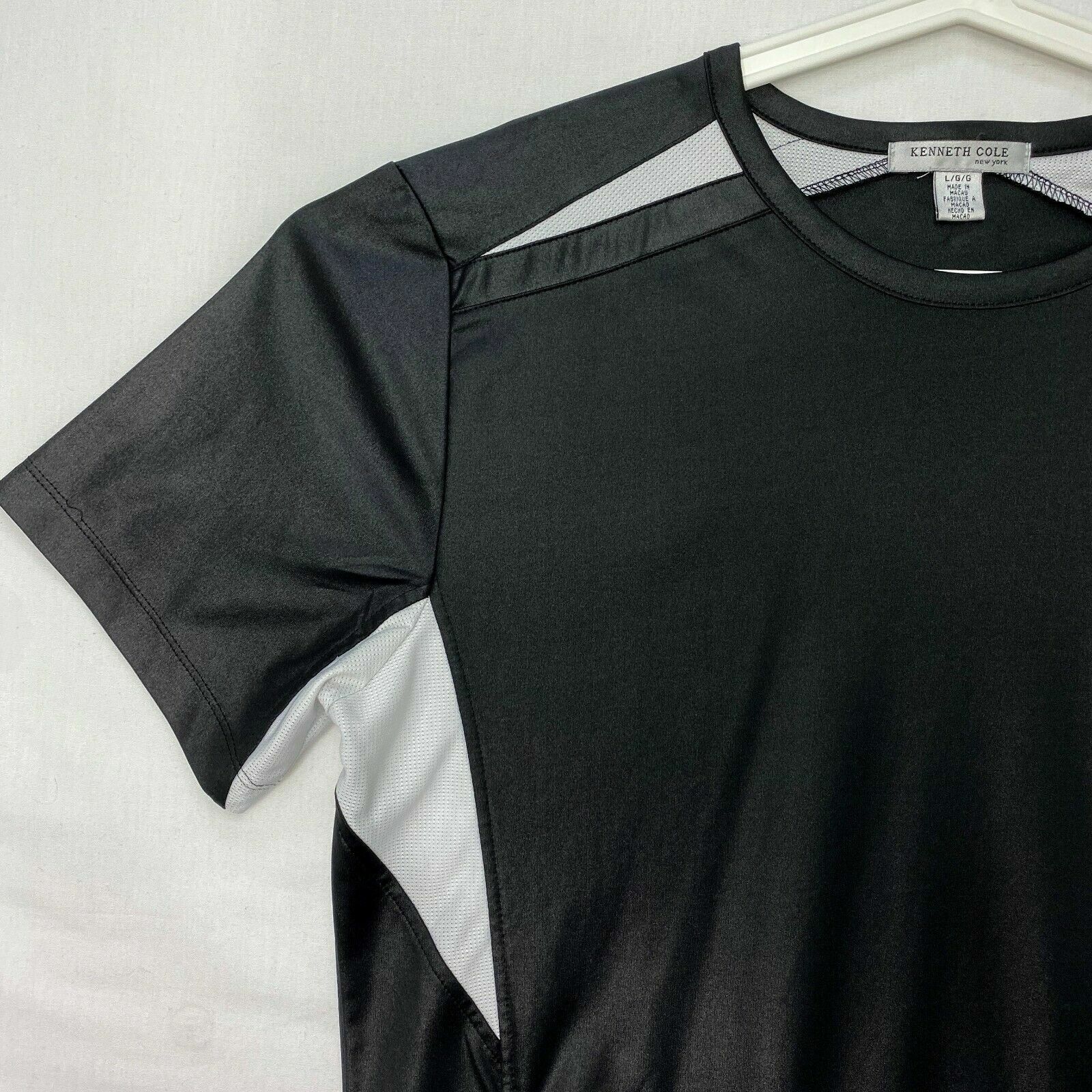Kenneth Cole New York Mens Large Shirt Black Stretchy Knit White Mesh Pockets