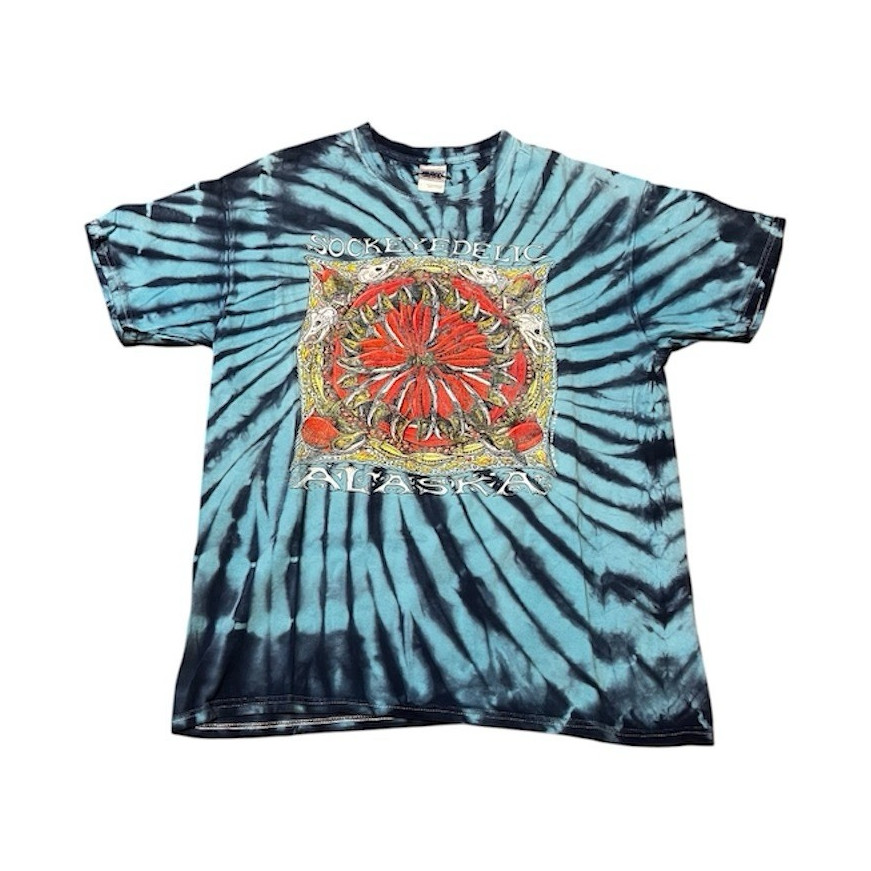 Y2K Sockeyedelic Alaska Ray Troll Blue Tie-Dye Gildan T-Shirt Size L