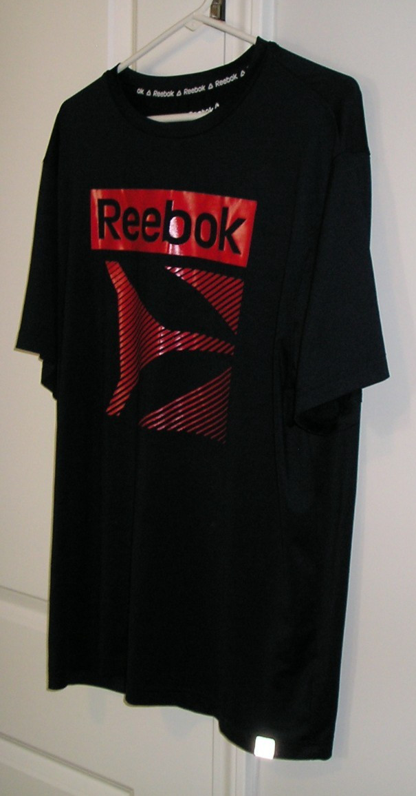REEBOK MEN’S GRAPHIC NAVY BLUE (SS) POLYESTER/SPANDEX CREW NECK T. SHIRT~NICE!