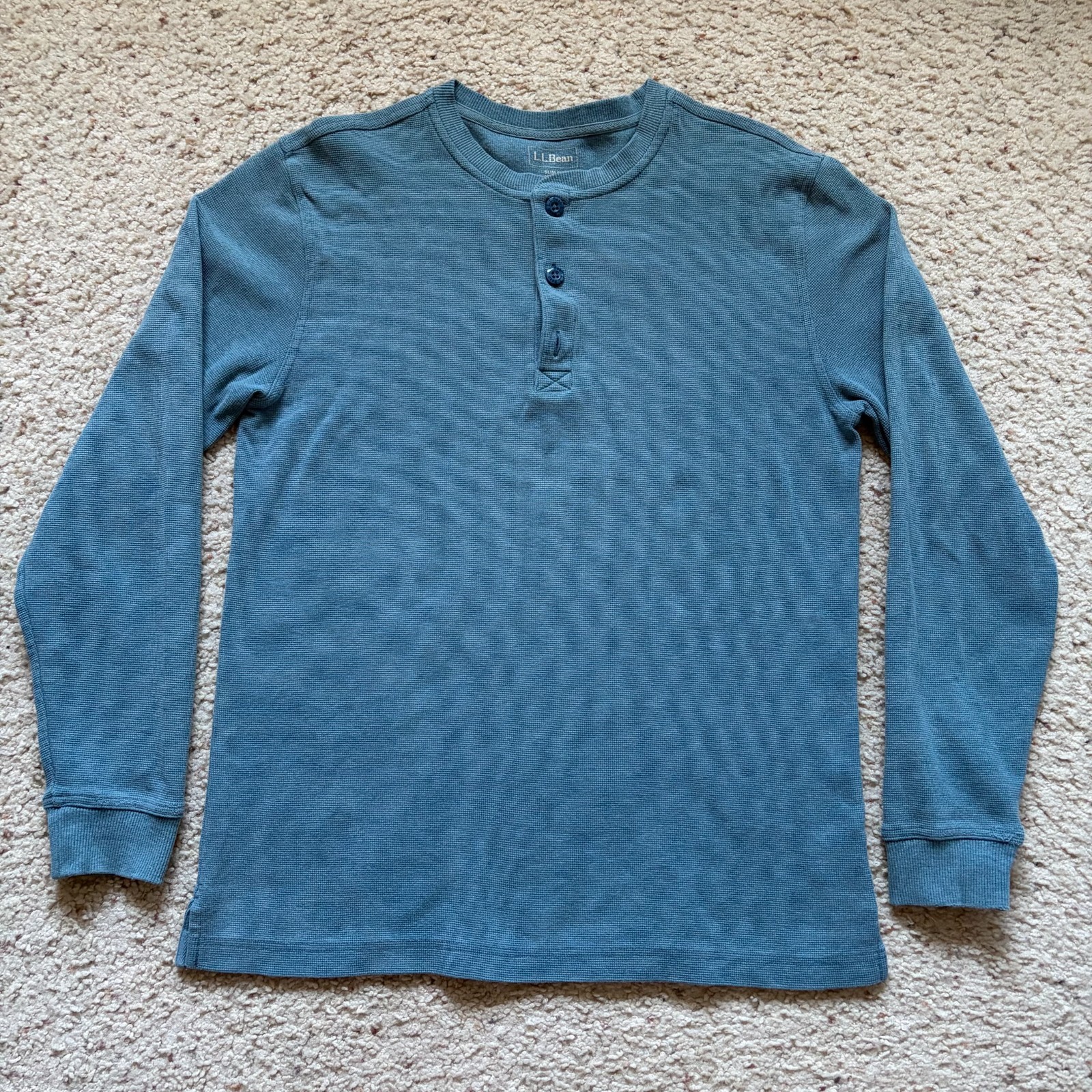 L.L. Bean 3 Button Waffle Knit Long Sleeve Henley Shirt Mens M Blue Slim 502225