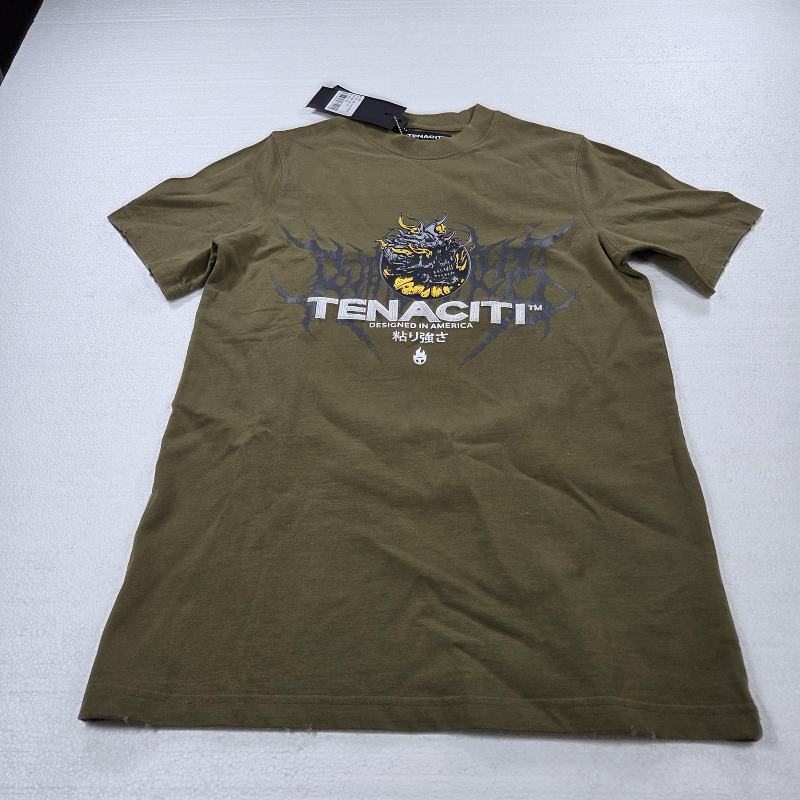 TENACITI Studios Shirt Mens XS Olive Graphic Skull Kanji Streetwear Tee TN1629SS