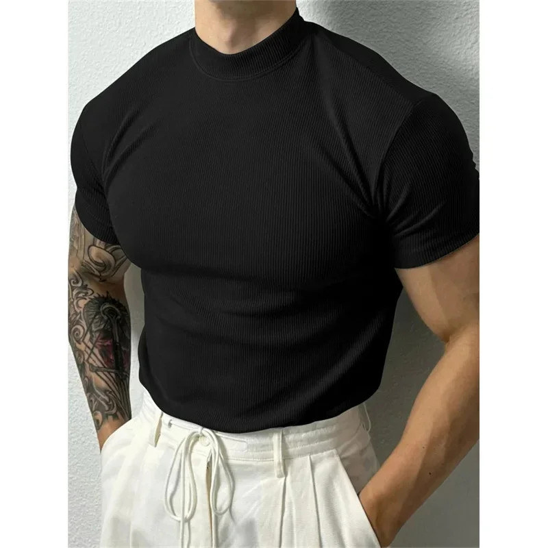 Men T Shirt Stripe Print Short Sleeve Elastic Fit High Collar Sport Gym Training