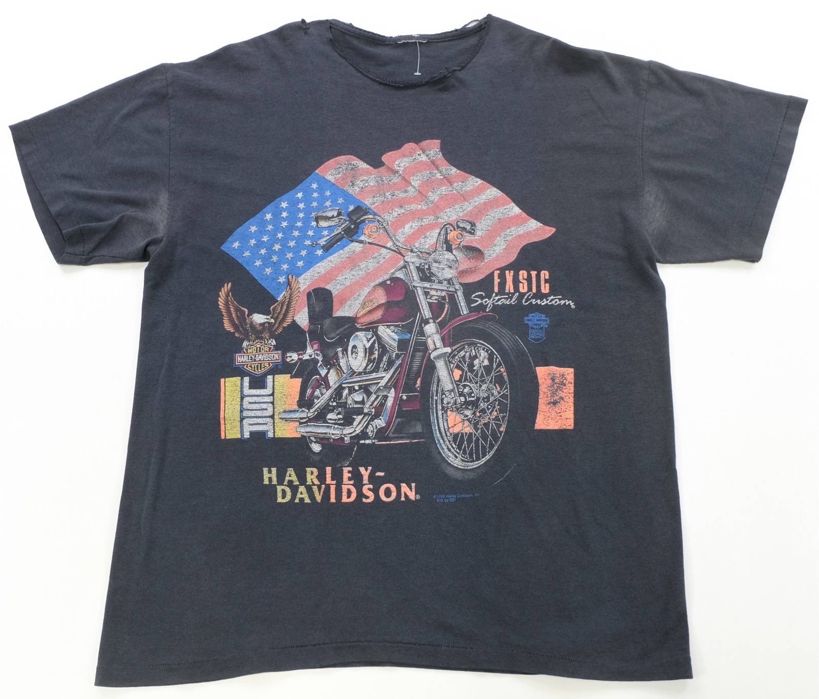 Rare VTG SSI Harley Davidson FXSTC Softail Custom 1990 Chopper Flag T Shirt 90s