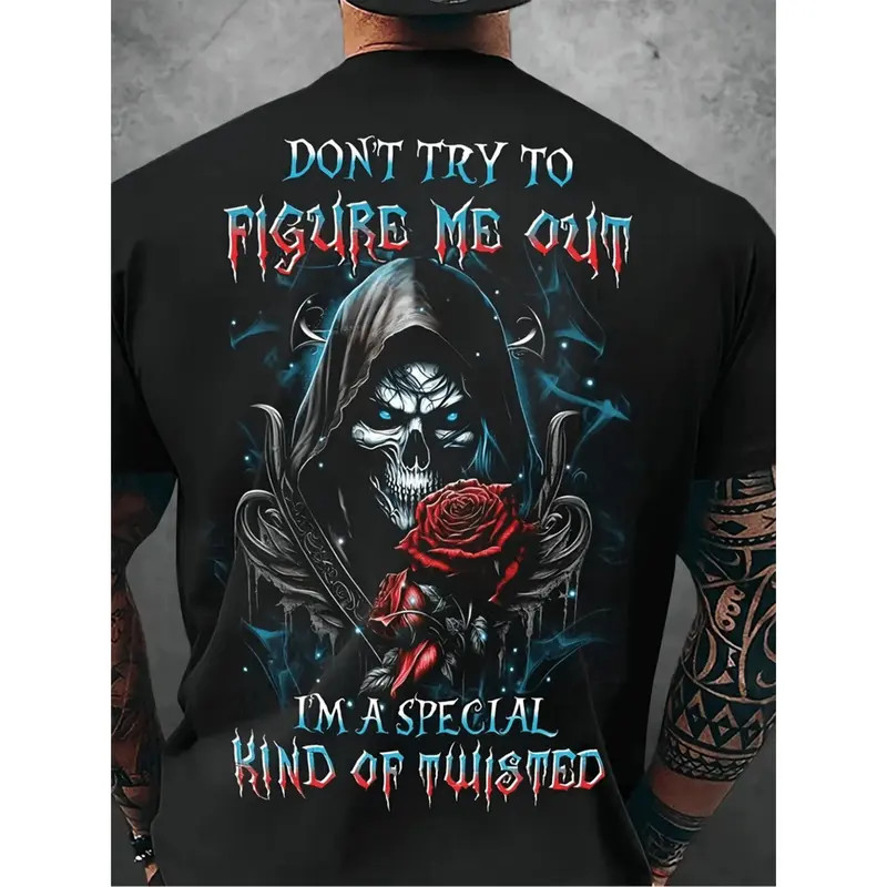 Men Gothic Skull T-Shirt, “Don’t Try to Figure Me Out” Shirt, Dark Twisted