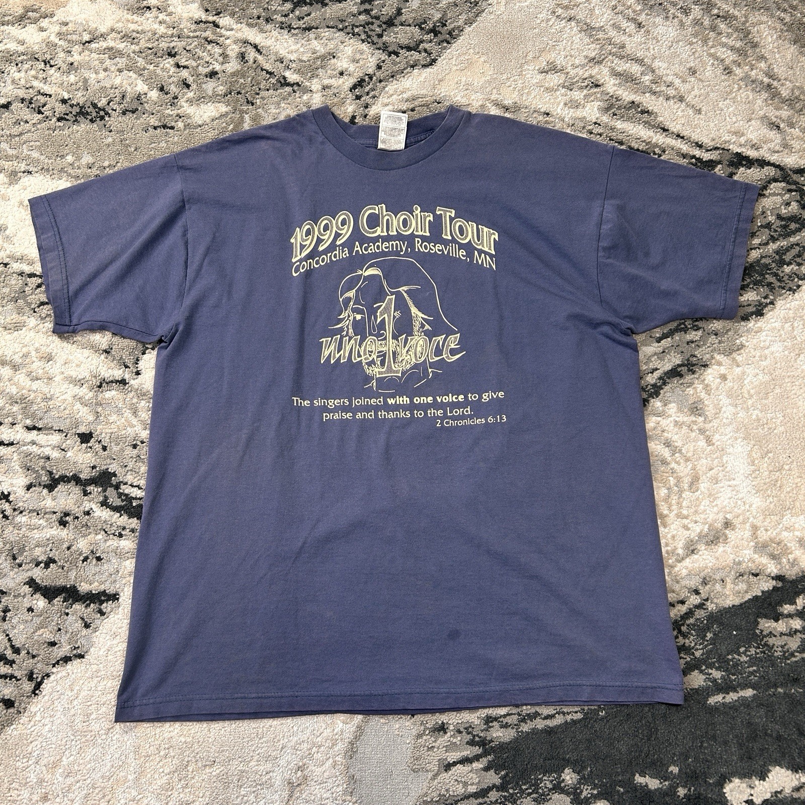 Vintage Jesus Tee 1999 Concordia Academy Choir Tour Uno Voce T-Shirt Blue XL